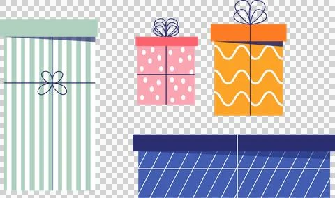 Four patterned gift boxes are featuring ribbon bows in flat design with Stock Illustration