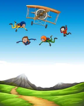 Four people doing sky diving Stock Illustration