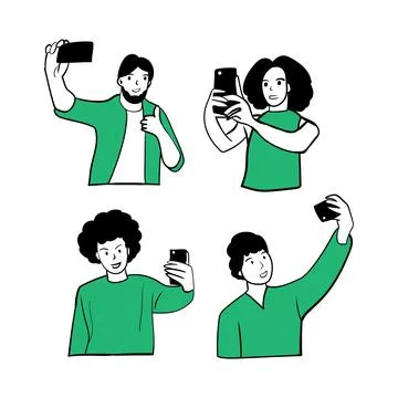 Four people taking selfies using their smartphone. Young people using mobil.. Stock Illustration