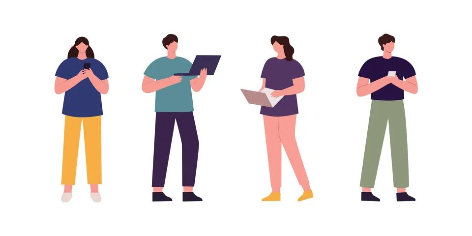 Four people using technology, engaged in modern communication 스톡 일러스트