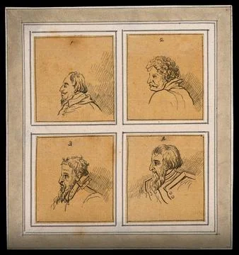 Four physiognomies expressing the propensity to command. Drawing, c. 1792. Stock Illustration