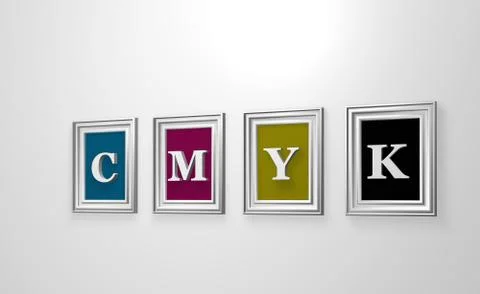 Four picture frames with the letters cmyk on white wound - 3d illustration Illustrazione stock