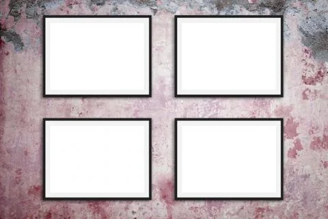 Four picture frames on vintage wall background - mock-up design for poster ar Stock Photos