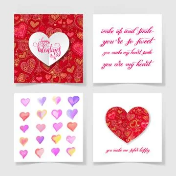 Four pieces blank sheet of square paper with handwritten lettering and hear.. Stock Illustration