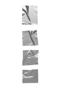 Four pieces of silver gray duct tape with wrinkled texture, isolated on a cle Stock Photos