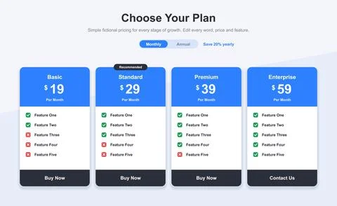 Four Plan Pricing Comparison Table With Blue Column Headers Stock Illustration