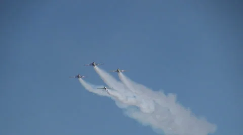 Four planes flying in formation, flight pattern, spectacular acrobatic air show Stock Footage 39750099