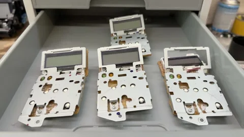 Four printer control panel assemblies with LCD screens lie  Stock Footage 341951292