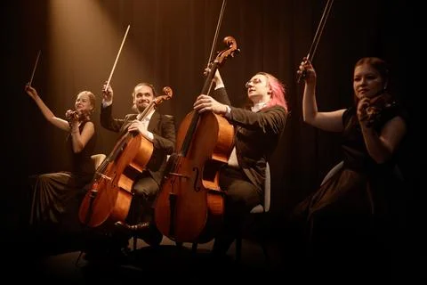 Four Professional String Players Giving Concert on Stage Stock Photos