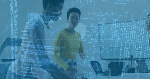 Four professional women analyzing data on laptops in modern office meeting room, Foto stock