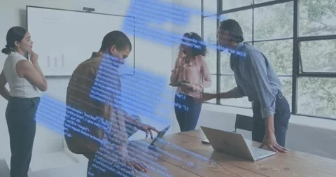 Four professionals meeting at table, code overlay appearing over bar chart and Stock Footage 317330026