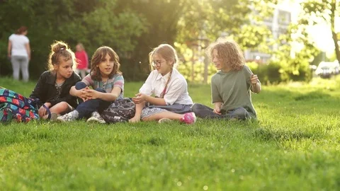 Four pupils during the school break, sitting on a glade in the park. Kids throw Stock Footage 111711647