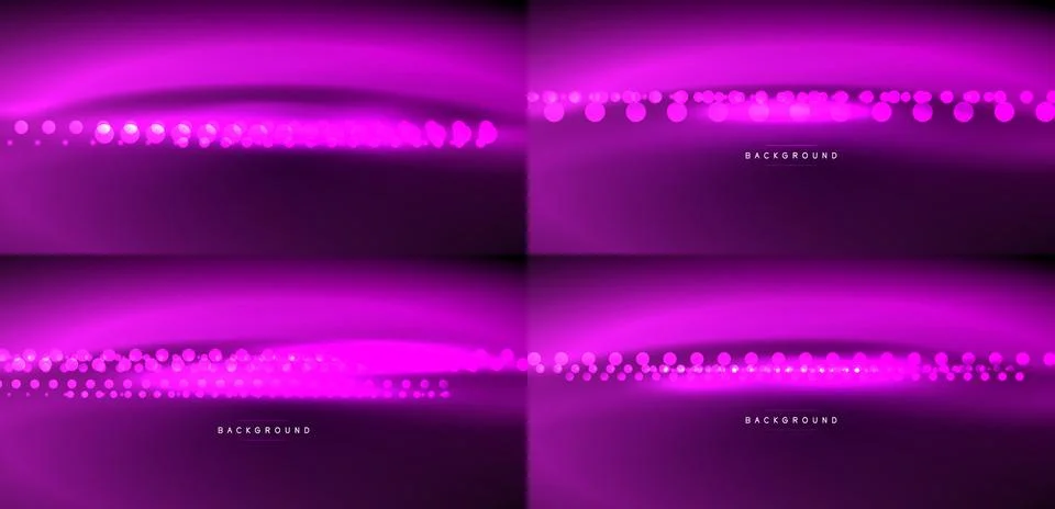 Four purple backgrounds. Each features wavy shapes, dots, gradient effect. Illustrazione stock