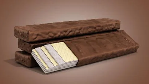 Four rectangle shape wafer biscuits in chocolate icing 3d render on color gra Stock Illustration