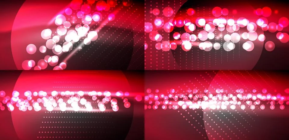 Four rectangular banners display vibrant red, white light effects. Bubbles, Stock Illustration