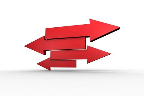 Four red 3D arrows are stacking staggered vertically, casting subtle grey Stock Illustration