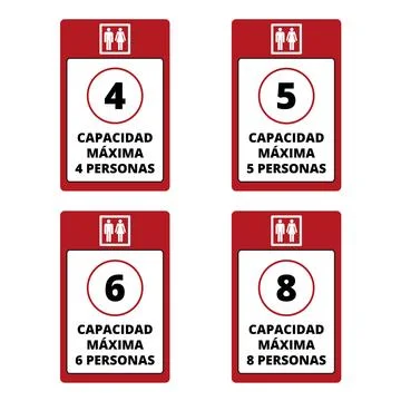 Four red and white elevator people capacity signs Stock Illustration
