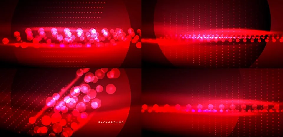 Four red backgrounds display glowing circles, dots. Abstract design suggests Stock Illustration