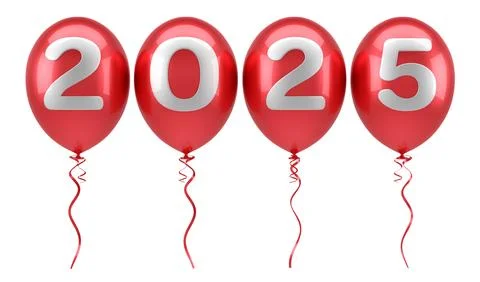 Four red balloons with numbers representing the year 2025 for New Year's ce.. Stock Illustration