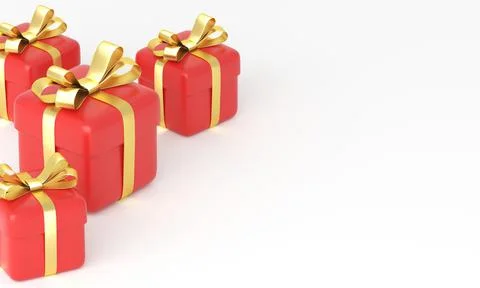 Four red christmas gift boxes with golden bows.on white background. 3d rendering Illustrazione stock