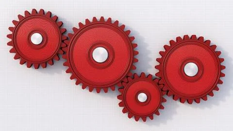 Four red cogwheels on light background, 3D Rendering Stock Illustration