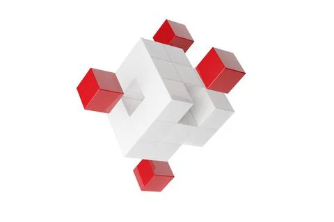 Four red cubes floating offset from box of white cubes isolated on white back Stockillustratie