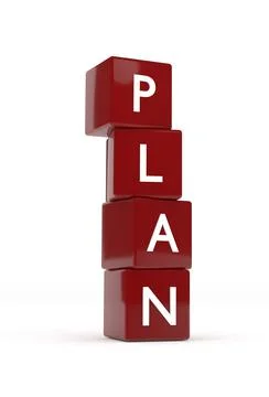 Four red cubes with the word plan, 3d concept image on white Stock Illustration