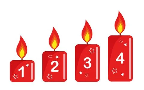 Four red lighted advent candle white background numbers Stock Illustration