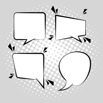Four retro speech bubbles drawn pop art style in gray background Illustrazione stock