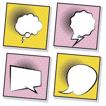 Four retro speech bubbles drawn pop art style in pink and yellow backgrounds Illustrazione stock