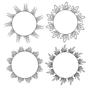 Four round frames of black and white decorative elements. Isolated wreaths Illustrazione stock