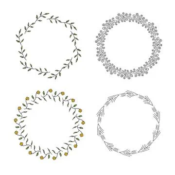 Four round frames made of green branches and decorative elements. Stock Illustration