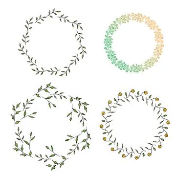 Four round frames made of green branches and different multicolor decorative Stock Illustration