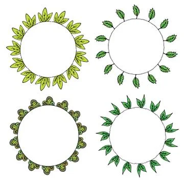 Four round frames with plant elements and green leaves. Isolated wreaths Stock Illustration