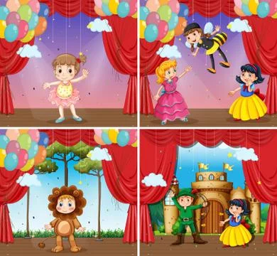 Four scenes of children doing stage plays Stock Illustration