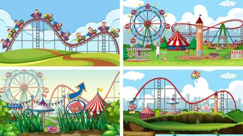 Four scenes with many rides in the fun fair Stock Illustration