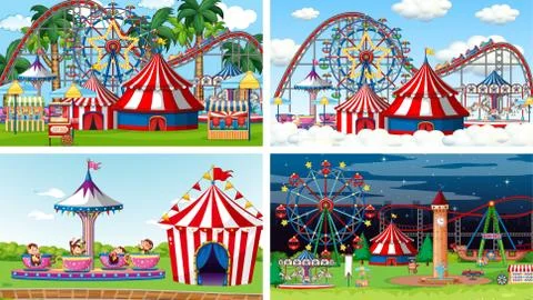 Four scenes with many rides in the fun fair Stock Illustration