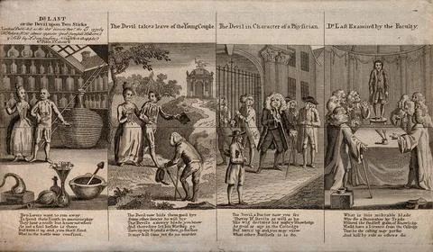 Four scenes from W. Combe's verse Dr. Last or the devil upon two sticks, a .. Stock Illustration