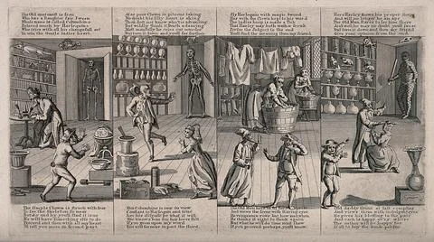 Four scenes from W. Combe's verse Dr. Last or the devil upon two sticks, a .. Stock Illustration