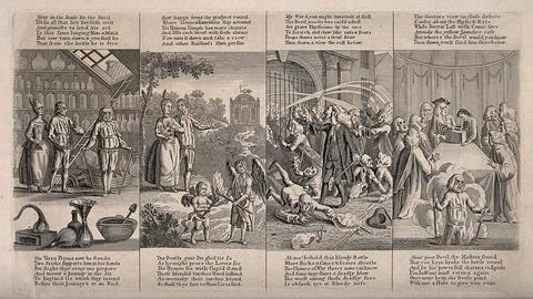 Four scenes from W. Combe's verse Dr. Last or the devil upon two sticks, a .. Stock Illustration