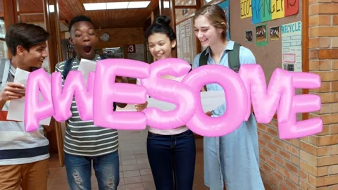Four school students leaning, glancing and passing papers, pink 3D AWESOME Stock Footage 333351148