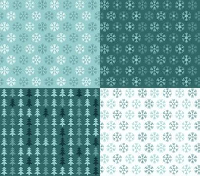 Four seamless Christmas patterns with snowflakes and trees Stock Illustration