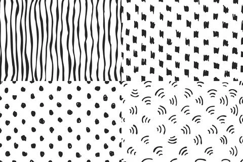 Four seamless hand drawn doodle black and white patterns Stock Illustration