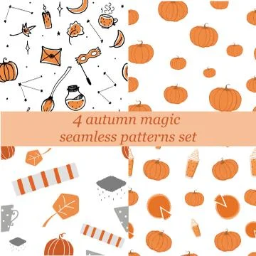Four seamless pattern design set. Autumn decoration with in vector Stock Illustration