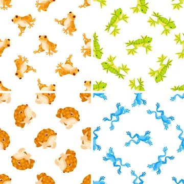 Four seamless patterns with colorful frogs jumping and croaking Stockillustratie