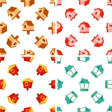 Four seamless patterns featuring charming birdhouses, creating a delightful Stock Illustration
