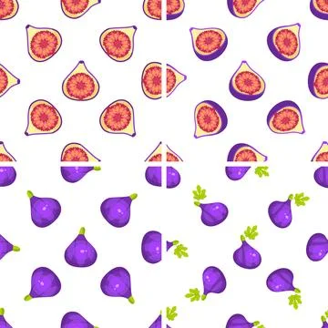 Four seamless patterns featuring whole, halved and quartered figs, showcasing Illustration