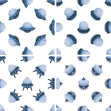 Four seamless patterns with flying saucers hovering and landing Illustrazione stock