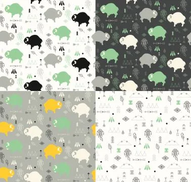 Four seamless patterns with native American symbols, cute baby buffaloes and Stock Illustration