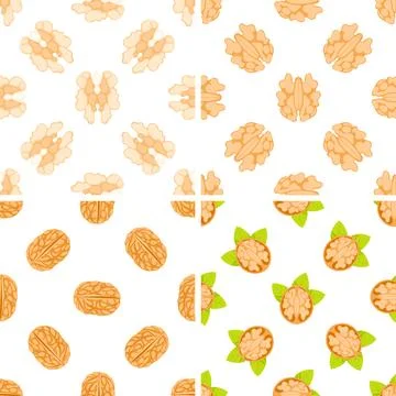 Four seamless patterns with peeled walnuts and walnut kernels Stock-Illustration